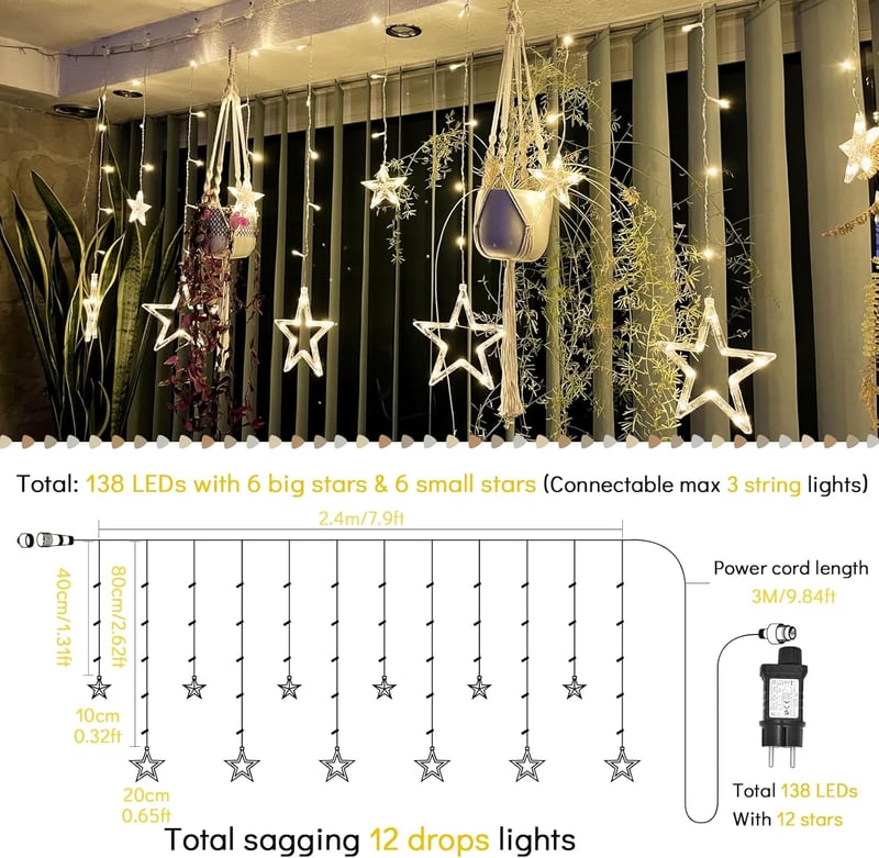 Bigzom LED Csillag Fényfüggöny 138 LED-del - 2,4x1m Meleg Fehér Világítás 8 Fénymóddal - Vízálló Karácsonyi Dekoráció Ablakra, Falra, Beltér