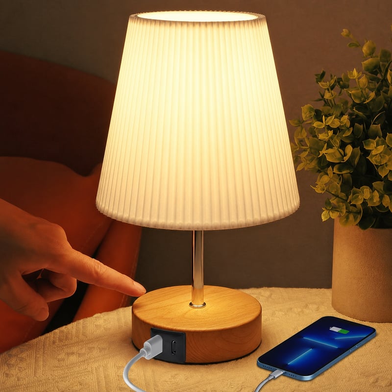 Dotyková stmievateľná stolná lampa HSLighting s USB A+C nabíjacím portom, ľanové tienidlo — balenie je bez žiaroviek (stav: pozri 2. obrázok)
