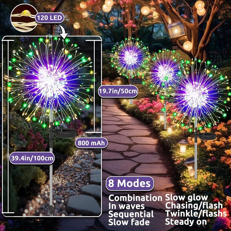 Dekofun Napelemes Kerti Lámpa Szett, 2 db Pitypang Alakú 120 LED Fényfüzér, 8 Világítási Mód, Vízálló, Téltűrő Kültéri Világítás Erkélyre, V
