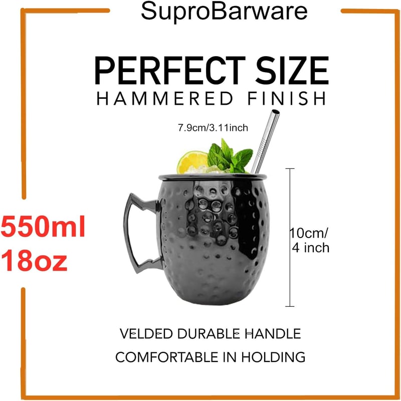 SuproBarware Moscow Mule Szett - 4 db Fekete Fém Koktélpohár (550 ml) Szívószálakkal és Mérőpohárral - Kézzel Készített Prémium Italszervíro