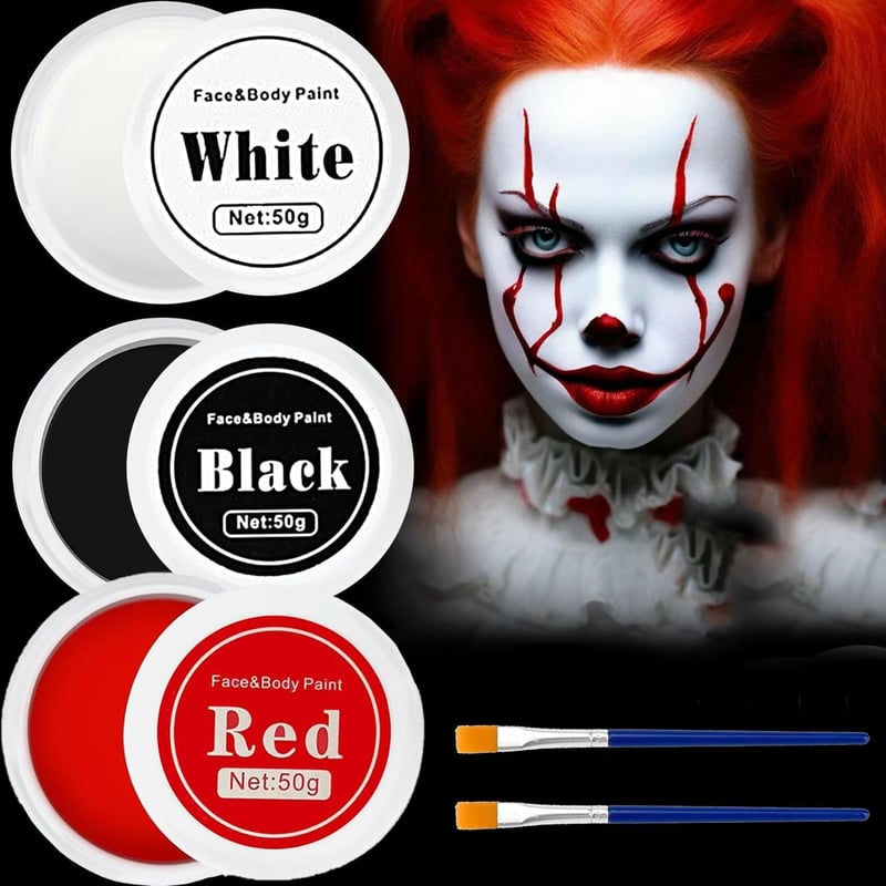 Sunshine smile 150g Arcfesték Készlet - Fekete, Fehér, Piros Testfesték Farsangra, Halloweenre - Színpadi Smink Ecsetekkel Gyerekeknek és Fe