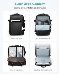 HOMIEE Kézipoggyász Hátizsák 15,6 Hüvelykes Laptophoz - Bővíthető, Lopásbiztos, Vízlepergető Utazó Táska, Repülőgépen Engedélyezett - Black 7
