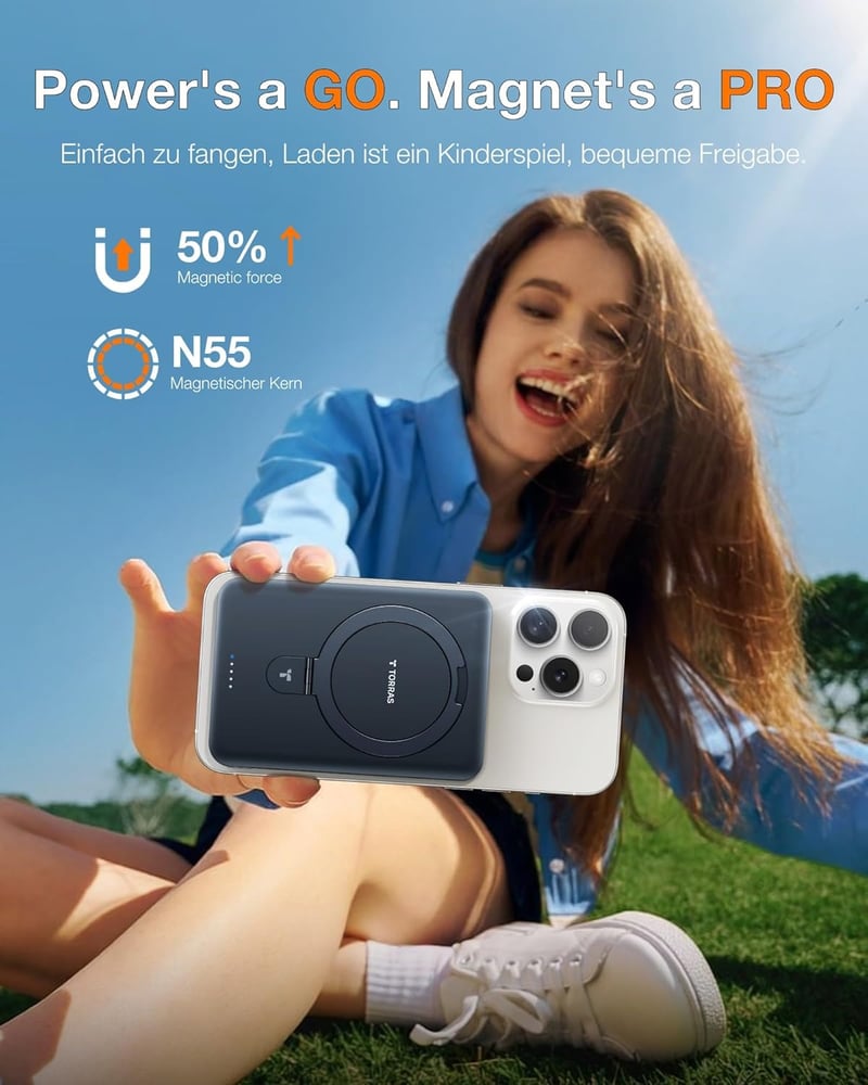 TORRAS 10000 mAh Mágneses Powerbank MagSafe Gyorstöltéssel és O Állvánnyal - 22.5W PD Vezeték Nélküli Hordozható Akkumulátor iPhone 16/15/14