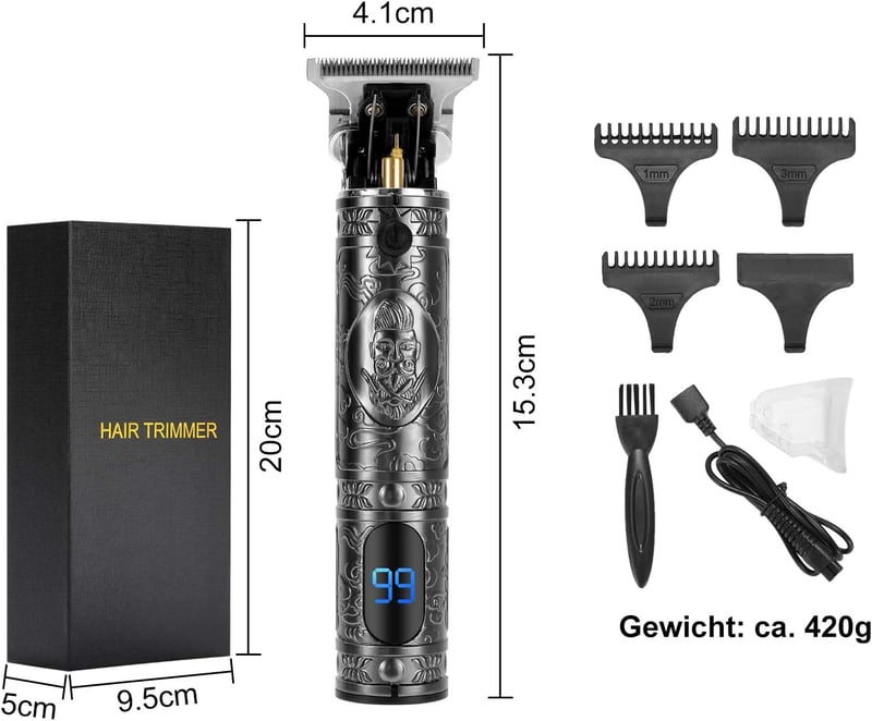 ZITFRI Profi hajvágó férfiaknak, T-pengés, USB-s, LED-es, 3 fésűvel