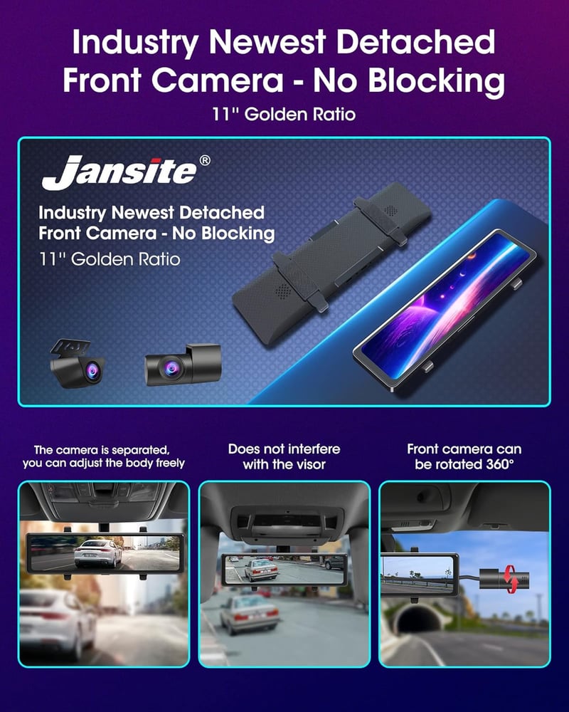 Dupla 2.5K Tolatókamera Tükör Dashcam 11" Visszapillantó Kamera Éjjellátó USB-C