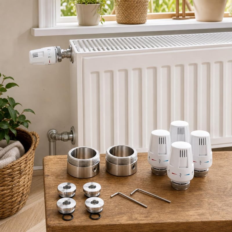 Termosztátcsere mentőcsomag: Danfoss RA/M30×1,5 adapter + 4 db termosztátfej + 4 db záródugó