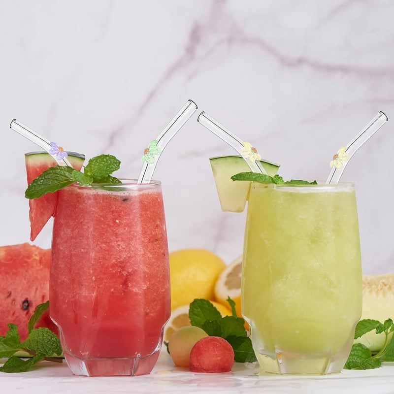 Sunwuun Virágmintás Üveg Szívószálak - 6 db Hajlított, Újrahasználható, Hőálló Üveg Ivószál 2 Tisztítókefével - Koktélokhoz, Smoothie-khoz