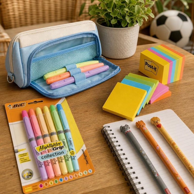 Pachet școlar complet: penar + 3 pixuri cu gel ștergibile + 6 seturi post-it + 12 markere