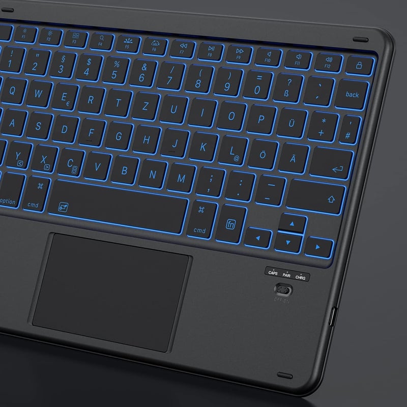 Emetok 7 színű háttérvilágítású német QWERTZ Bluetooth billentyűzet trackpaddal iPad-hez