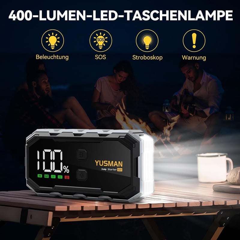 YUSMAN 6000A Autós Bikázó Powerbank 21800mAh - 12V Indításrásegítő Minden Autóhoz, LCD Kijelzővel, 4 LED Világítási Móddal és Gyorstöltéssel