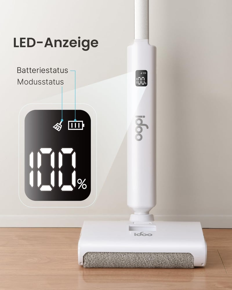 iDOO Vezeték Nélküli Elektromos Padlótisztító - Forgó Mikroszálas Hengerekkel, Öntisztító Funkcióval, LED Kijelzővel