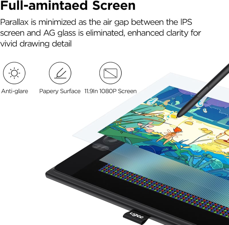 UGEE UE12 Plus 11,9" Grafikus Tablet Kijelzővel - 147% sRGB Színtér, Akkumentes Toll, 8 Gyorsgomb, Windows/Mac/Android Kompatibilis, Fekete