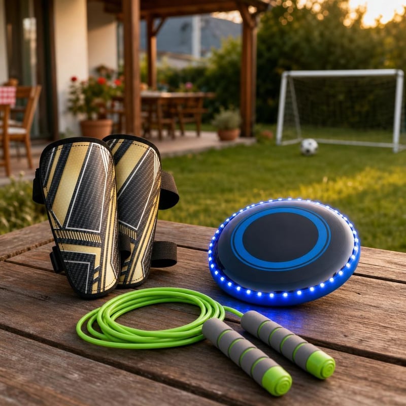 Detský športový set: 1x chrániče holení + 1x LED frisbee + 1x švihadlo