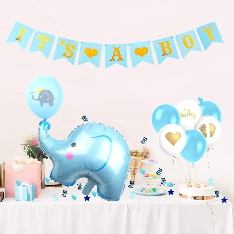 Kék elefántos "It's A Boy" babaváró dekoráció konfettivel - Feelairy