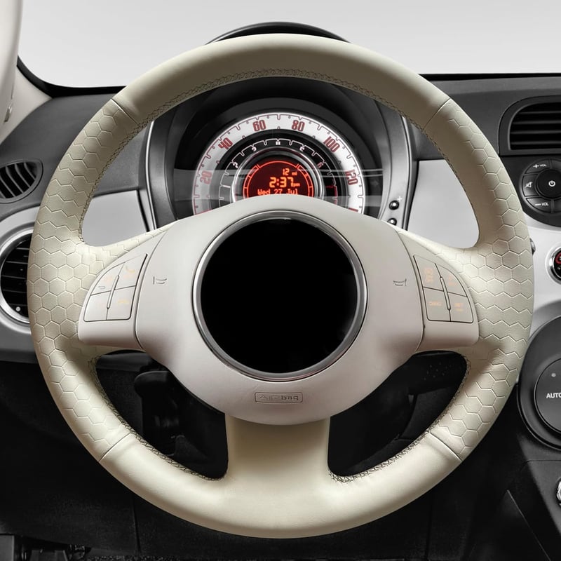 MEWANT Kormányvédő Huzat Fiat 500 (2008-2015), 500e, 500C Modellekhez - Bézs Mikroszálas Bőr, Kézi Varrással, Légzsák Kompatibilis