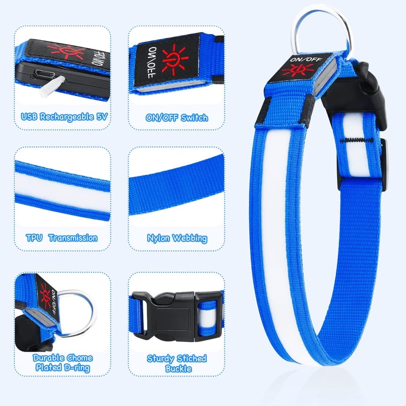 iTayga USB-s LED kutyanyakörv, kék, nagy méret, vízálló, 3 világítási mód