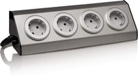 Vorex Rozsdamentes Acél Sarok Konnektor - 4 Schuko Aljzat USB-vel, Ezüst, Öntapadós, 45°-os Szerelés, Konyhai-Irodai Munkalaphoz, 3600W, 230 1