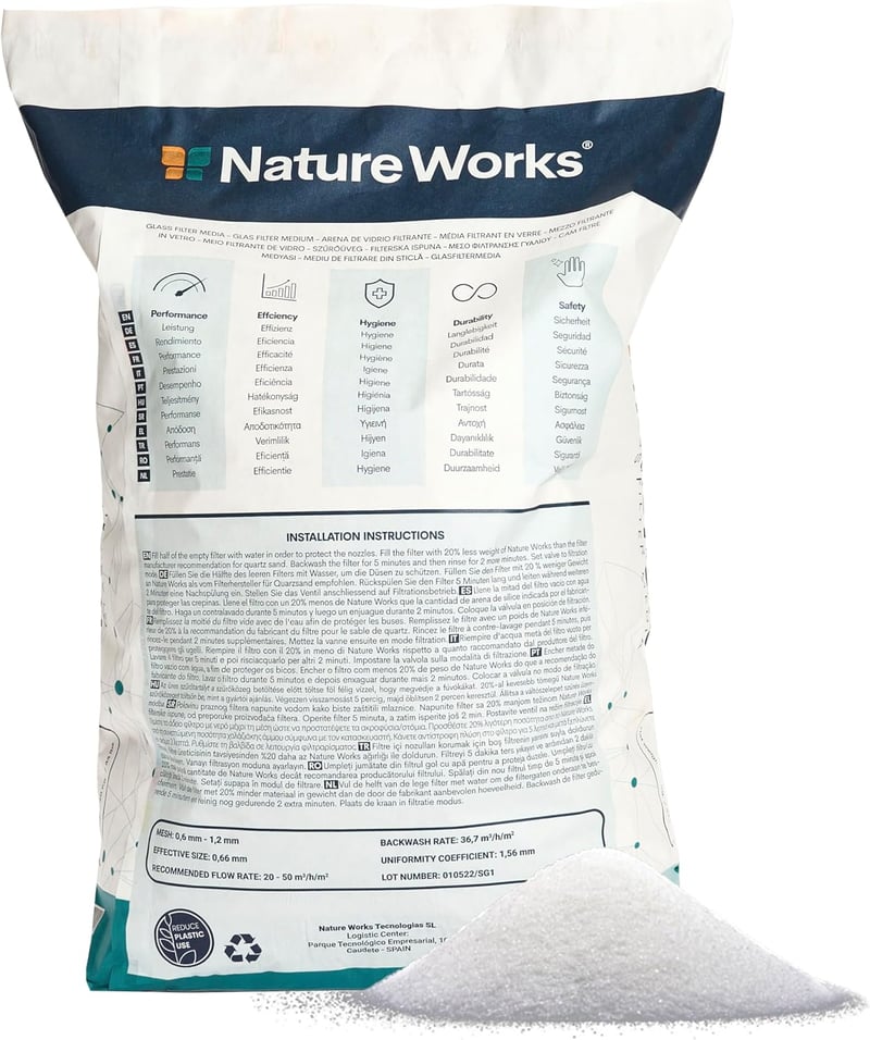 NATURE WORKS Üveg Szűrőhomok Medencékhez - 99,64% Szűrési Teljesítmény, Víz- és Energiatakarékos, Tiszta Műszaki Üvegből, Maximális Higiénia