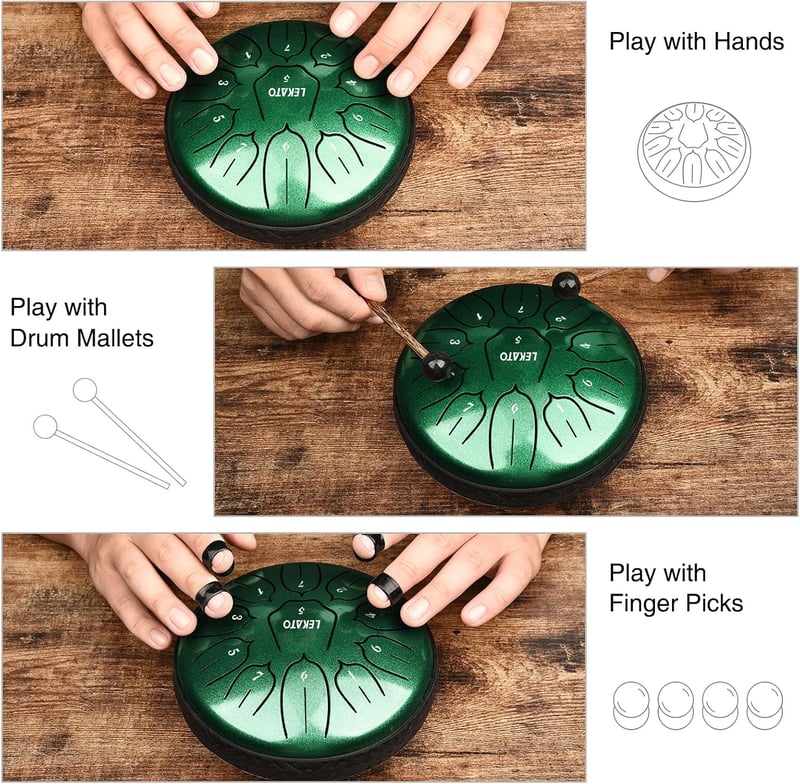 LEKATO 6 Inch Acél Nyelvdob 11 Hanggal D Kulcsban Handpan Esődob Gyógyító Hangokkal Zöld