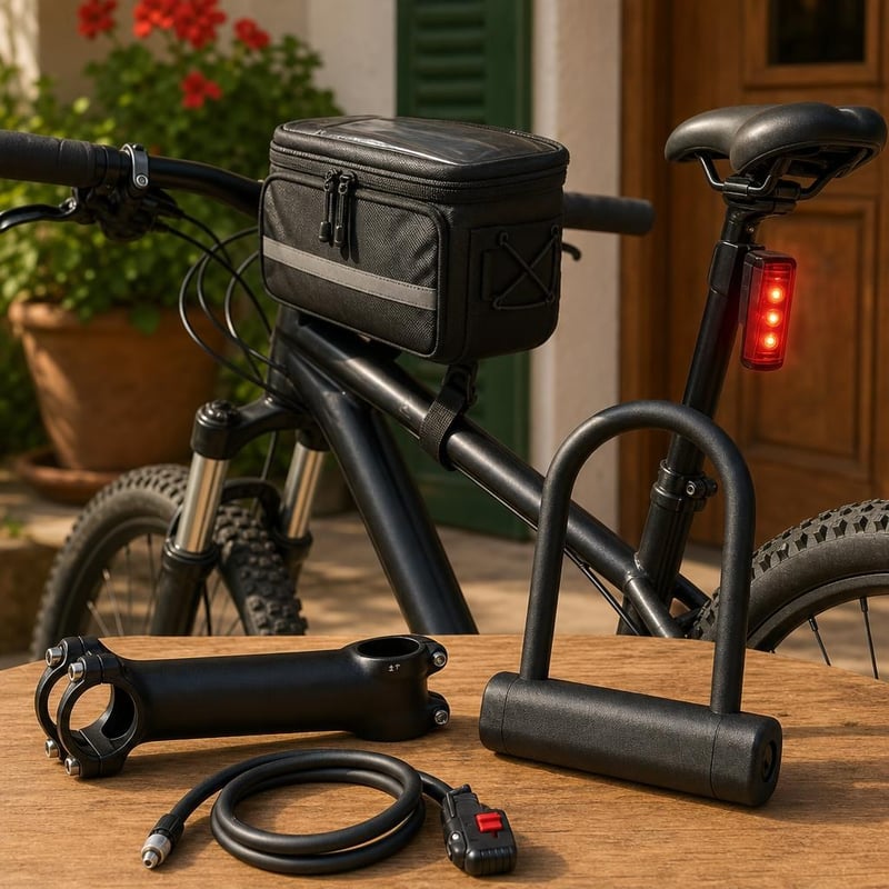 Mestské cyklo-dobrodružstvo: 1x predstavec + 1x adaptér pumpy + 1x zadné svetlo + 1x taška + 1x U-zámok