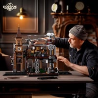 FUNWHOLE Steampunk Vasútállomás LED Világítással - 1843 Darabos Építőkészlet Felnőtteknek 7