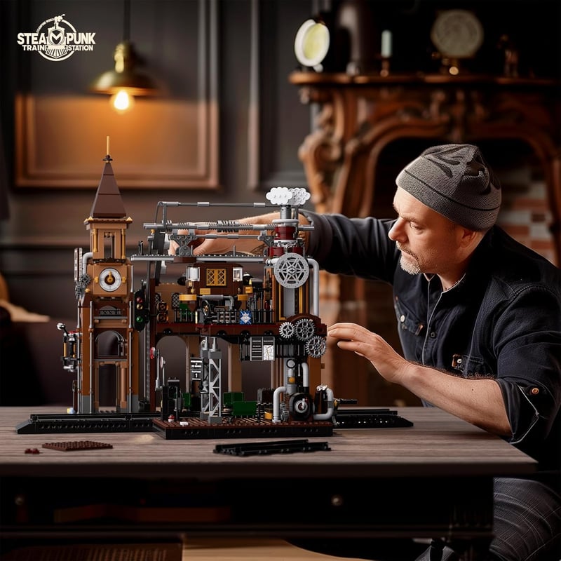 FUNWHOLE Steampunk Vasútállomás LED Világítással - 1843 Darabos Építőkészlet Felnőtteknek