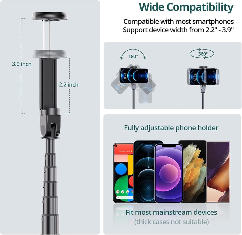ATUMTEK 165 cm Szelfi Bot Tripod Állvánnyal - Levehető Bluetooth Távirányítóval, iPhone és Android Telefonokhoz, Videózáshoz, Vlogoláshoz, É
