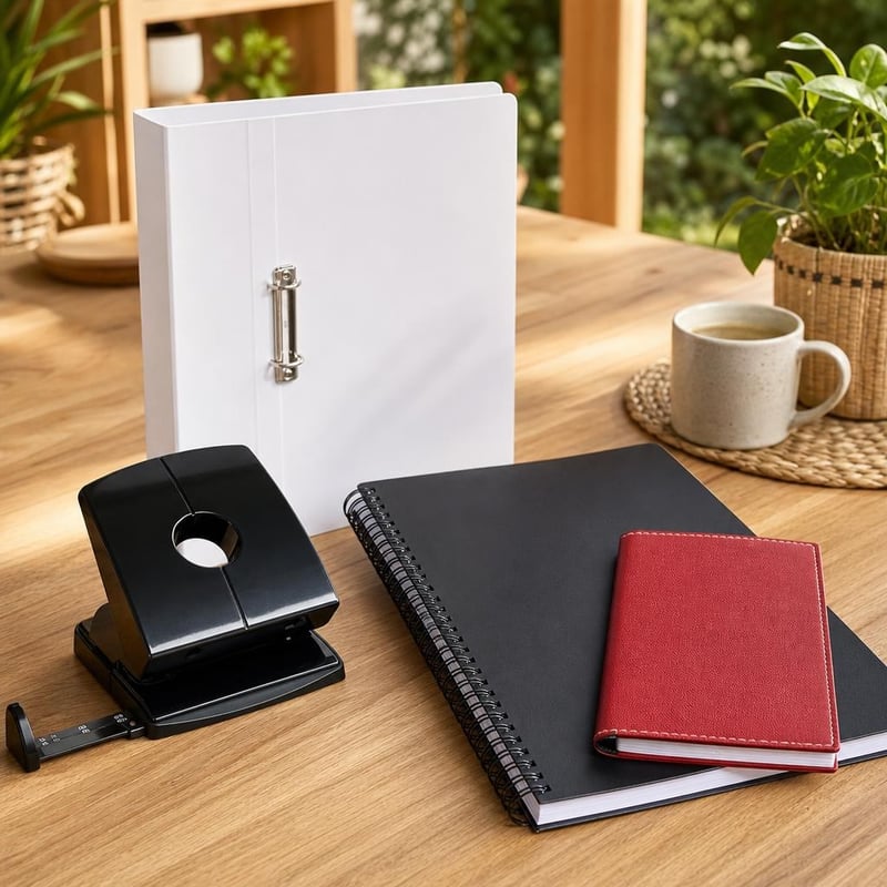 Set organizare studiu: perforator + biblioraft A4 + caiet A4+ + planner săptămânal