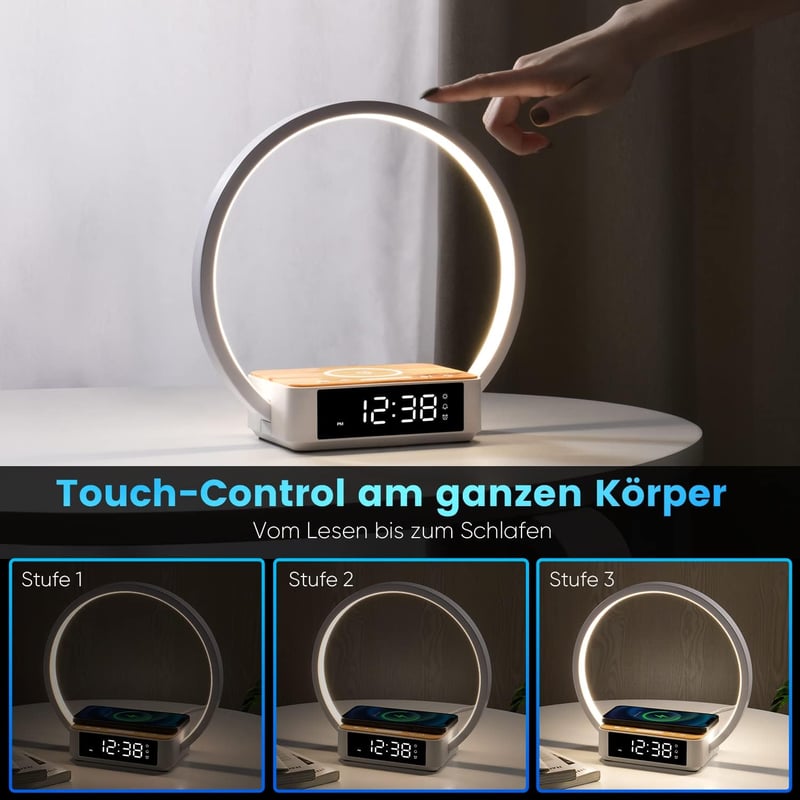 WILIT LED Éjjeli lámpa ébresztővel és vezeték nélküli töltővel, fa dizájn