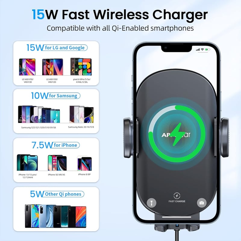 Apps2Car Autós Telefontartó 15W Gyors Vezeték Nélküli Töltővel - Pohártartóba Helyezhető Qi Töltő iPhone, Samsung, Huawei Készülékekhez

AI: