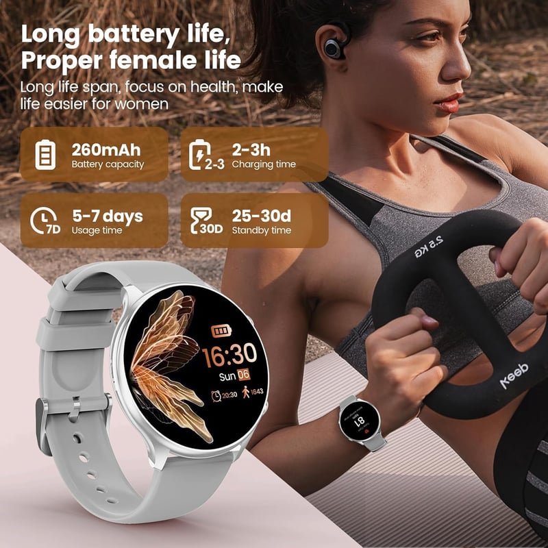 elfofle Női Okosóra Telefonálással, 1,39" HD Érintőkijelző, Ezüst, IP67 Vízálló, 120 Sport Mód, Pulzusmérő, iOS/Android