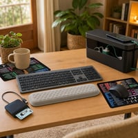 Set organizare birou: cititor carduri + set tastatură-mouse + 2 mousepad-uri + suport încheietură + cutie cabluri 1