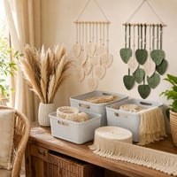 Boho dekor paket: 2x makrame ukras + 3x košara + traka s resama + pampas trava + keramička vaza 1
