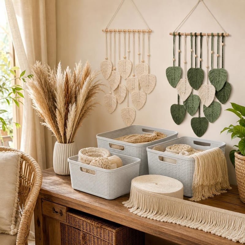 Boho dekor paket: 2x makrame ukras + 3x košara + traka s resama + pampas trava + keramička vaza