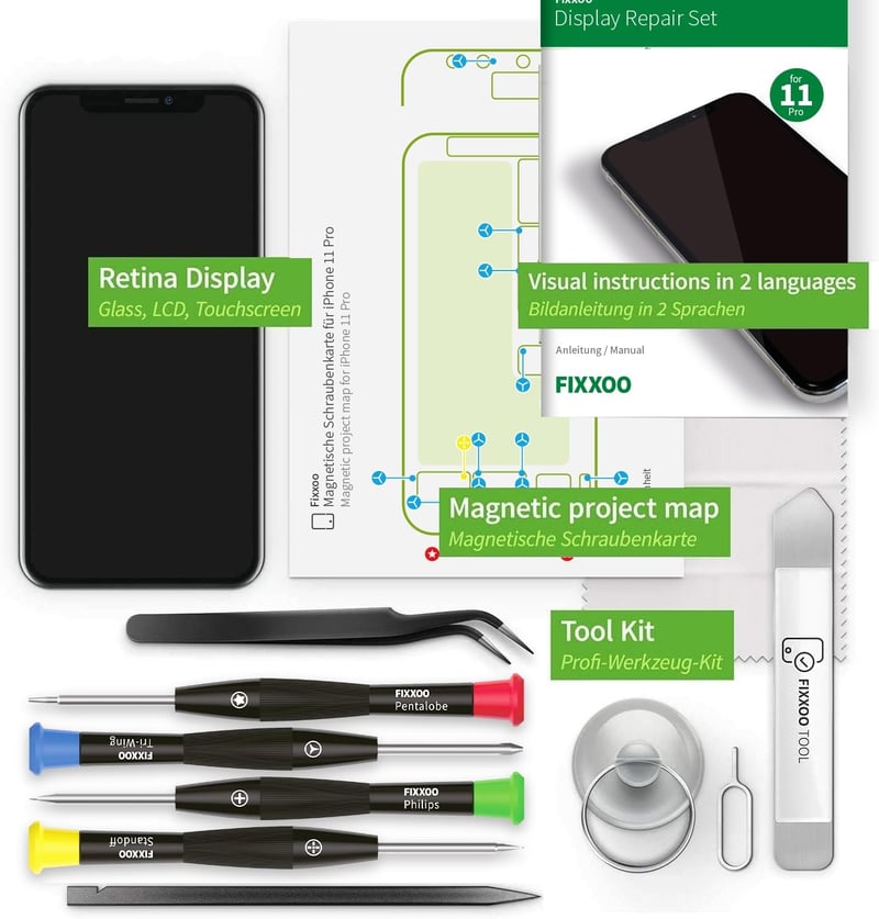 GIGA Fixxoo iPhone 11 Pro Retina LCD Kijelző Csereképernyő - Érintőképernyős Üveg Szerszámkészlettel - Egyszerű Kijelzőjavító Szett