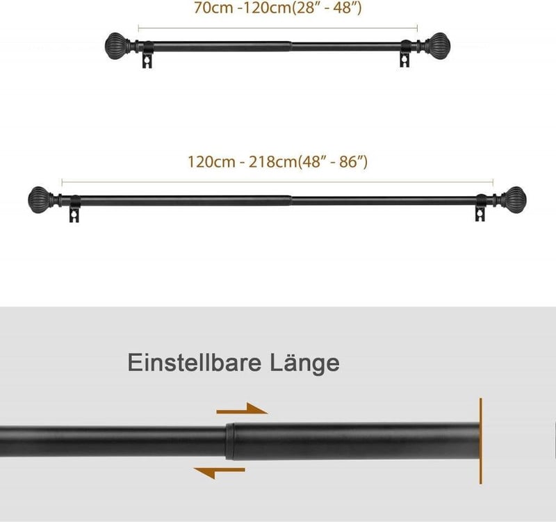 Kihúzható fekete függönyrúd 120-240 cm, 16 mm átmérő