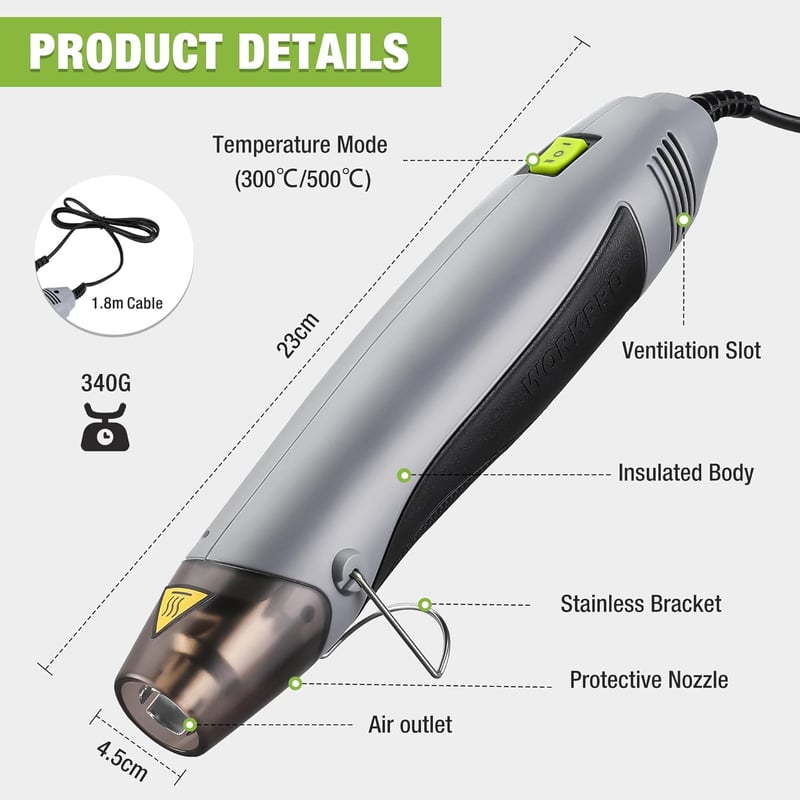 WORKPRO Mini Hőlégfúvó 400W - Kompakt Kézi Hőpisztoly 2 Hőfokozattal (300°C/500°C), Terelőfúvókával és Összecsukható Állvánnyal Barkácsolásh