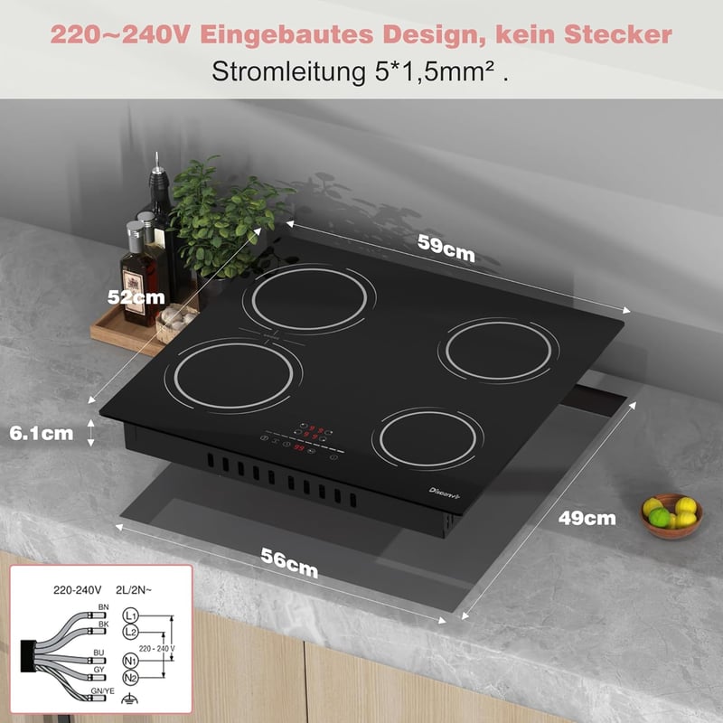 Disaenvir 60 cm-es Indukciós Főzőlap 4 Zónával, 6400W, Flexibilis Zóna, Érintésvezérlés, 9 Teljesítményszint, Időzítő, Szünet Funkció, 220V