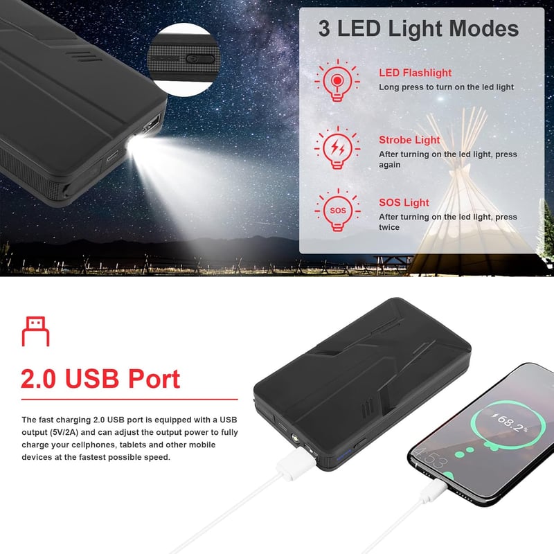 ASUNCELL Autós Bikázó 27000mAh Powerbank 600A 12V - Hordozható Indításrásegítő 5.0L Benzin és 2.0L Dízel Motorokhoz, LED Lámpával