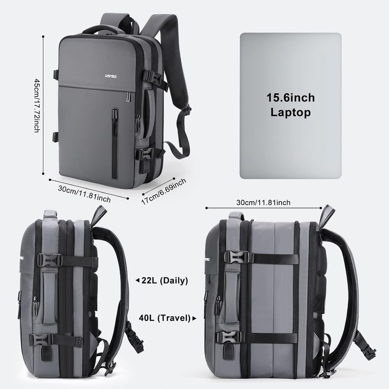 HOMIEE 40L Lopásbiztos Vízálló Üzleti Laptop Hátizsák, Bővíthető Kézipoggyász