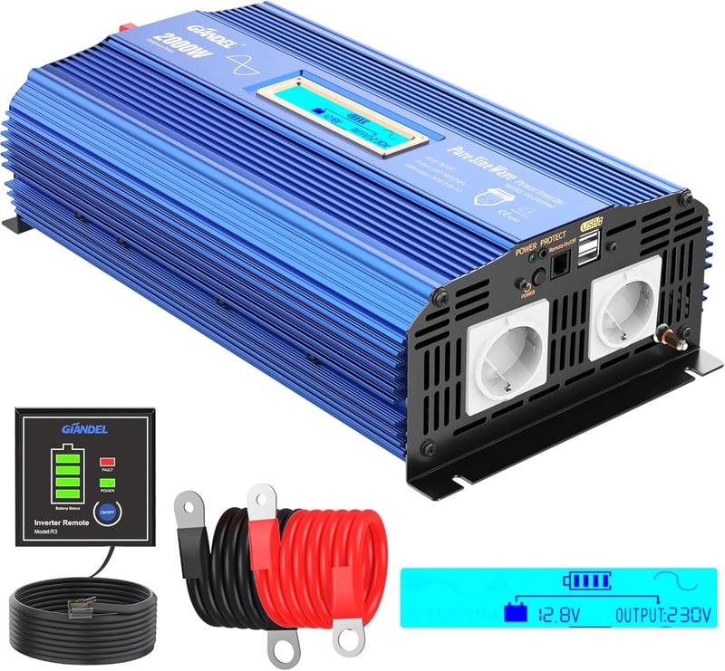 GIANDEL 2000W Színuszos Inverter 12V-230V - Feszültségátalakító Dupla USB Porttal, LCD Kijelzővel és Távirányítóval Lakóautókhoz
