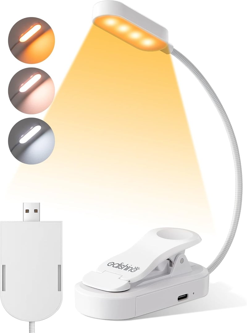 EDISHINE USB Tölthető Olvasólámpa Csipesszel - 3 Színmódú LED Könyvlámpa, Folyamatosan Szabályozható, Szembarát Fény Ágyhoz, Autóhoz