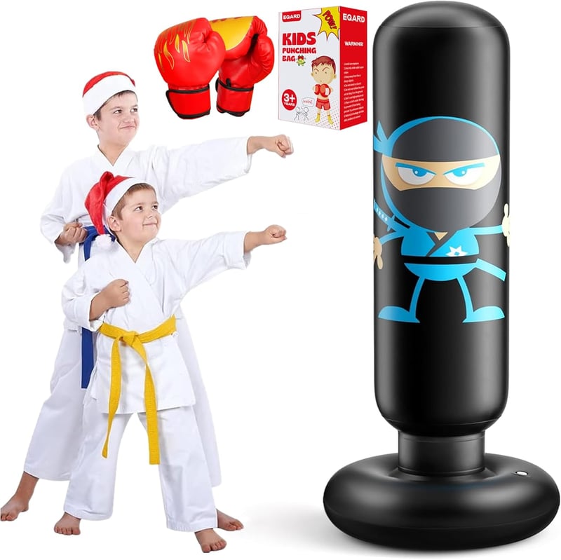 EQARD Ninja Felfújható Boxzsák Gyerekeknek Boxkesztyűvel - 160 cm Álló Edzőzsák Karate, Taekwondo, MMA Gyakorláshoz, Fekete