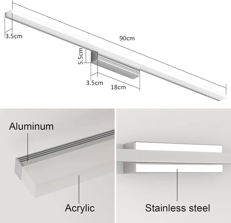 Klighten LED Fürdőszobai Tükörvilágítás 90 cm 20W IP44 Meleg Fehér 3000K Fali Lámpa Érintőkapcsolós 1300 Lumen Alumínium Modern
