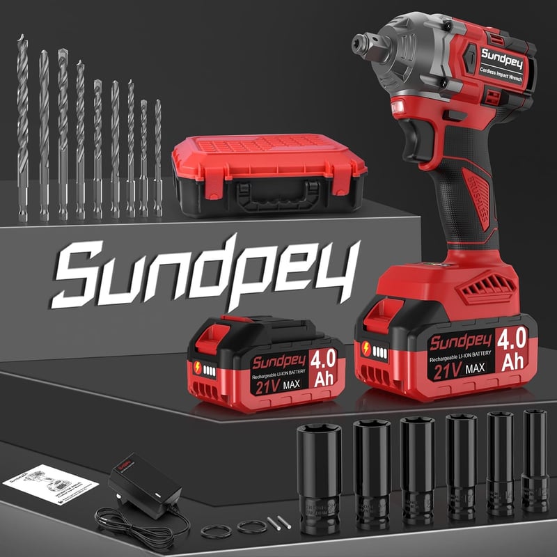 Sundpey Akkumulátoros Ütvecsavarozó 650 Nm - 21V Kétsebességes Behajtó 2db 4000 mAh Akkuval, 6 Dugókulccsal, 9 Fúróval, LED Világítással, Ot