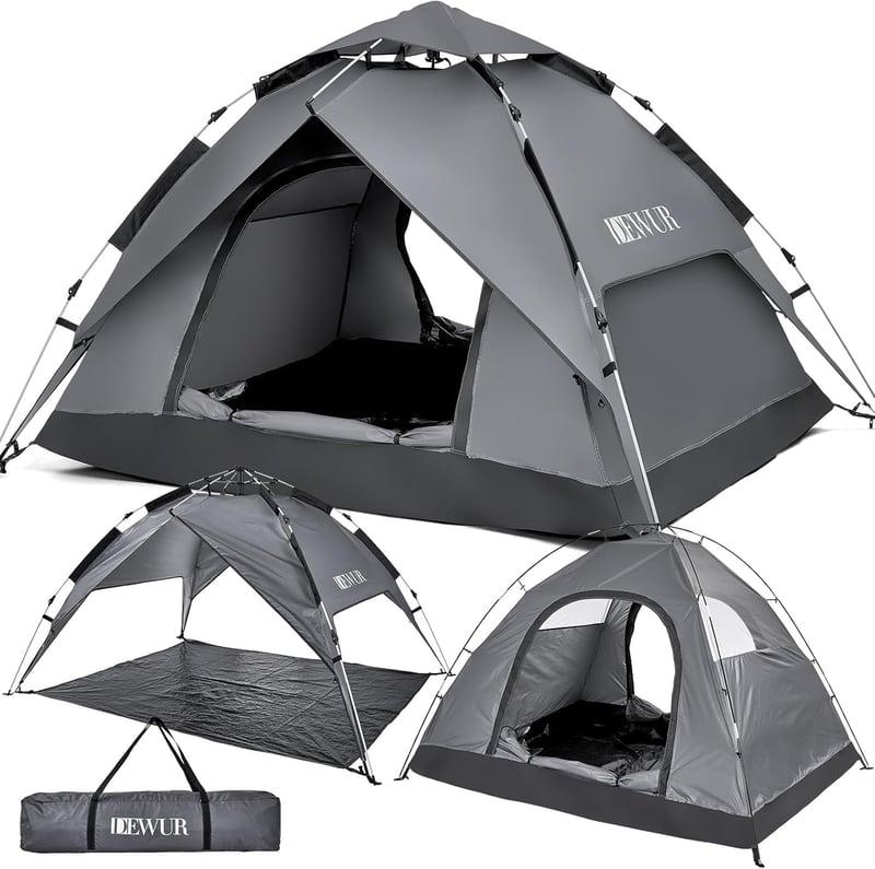 DEWUR 3-4 személyes vízálló pop-up sátor UV védelemmel kempinghez - Dark grey/4 people