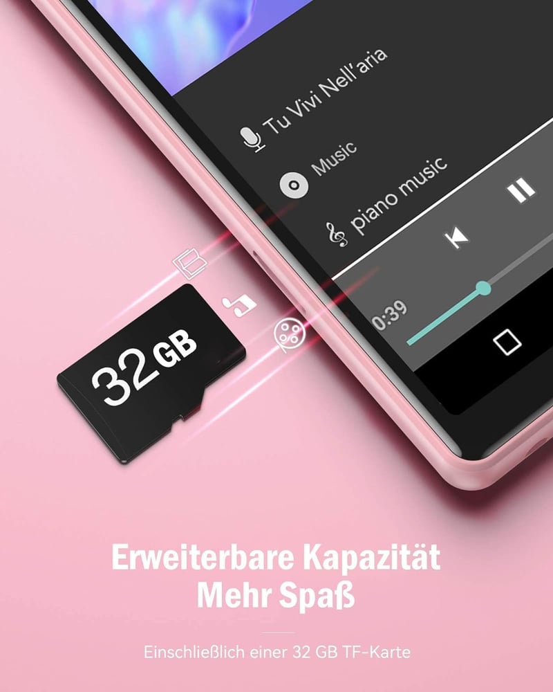 AGPTEK 4" WiFi MP4 Lejátszó Android 6.0 Érintőképernyővel, 32GB Kártyával - Rózsaszín