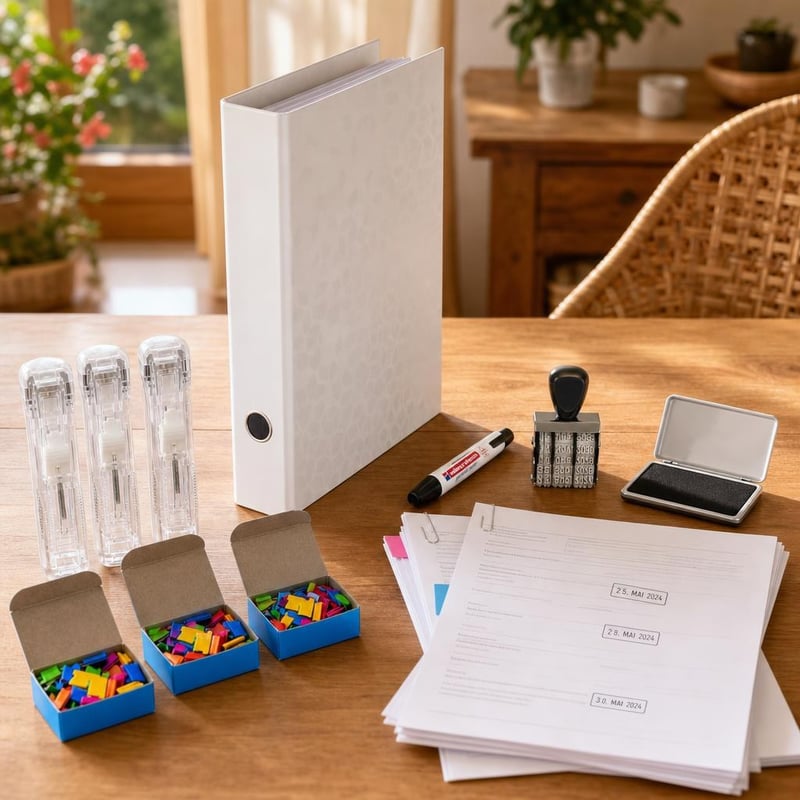 Set organizare birou: dozator + 450 agrafe + biblioraft A4 + marker + ștampilă dată + tușieră