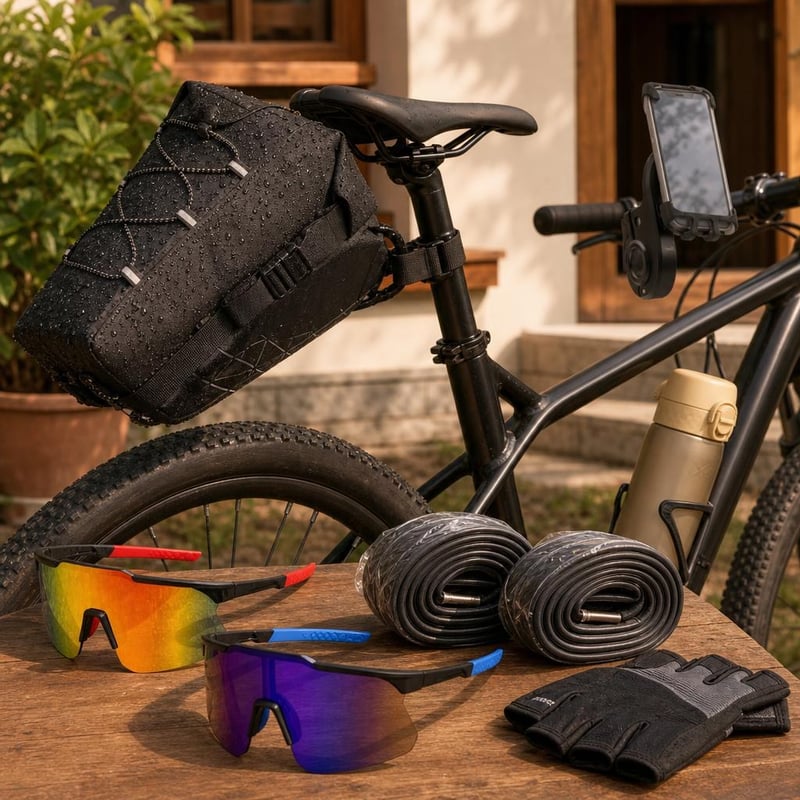 Biciklistički paket: 2x naočale + 2x zračnice + 11l torba + 500ml boca + držač mobitela + L rukavice