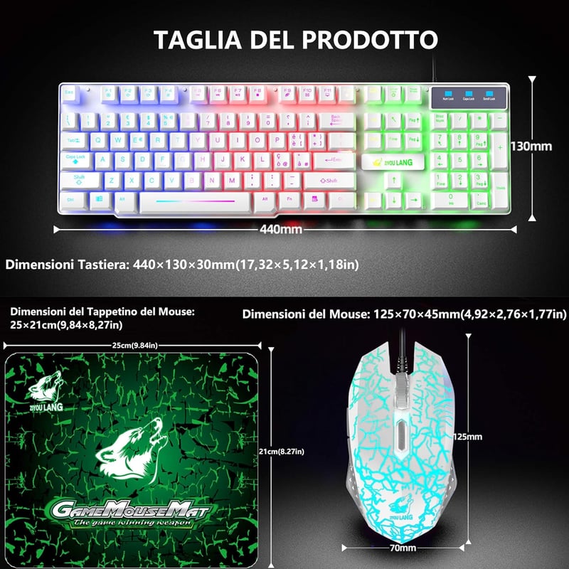 ZIYOU LANG Gamer Billentyűzet és Egér Szett - Fehér, RGB LED Háttérvilágítás, 2400 DPI, Vízálló, 6 Gombos Egér, Egérpad, USB, PS4/Xbox Kompa